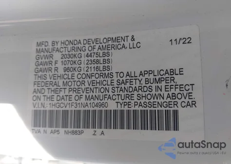 2022 Honda Accord Sport z USA, uszkodzony, nr VIN 1HGCV1F31NA104960
